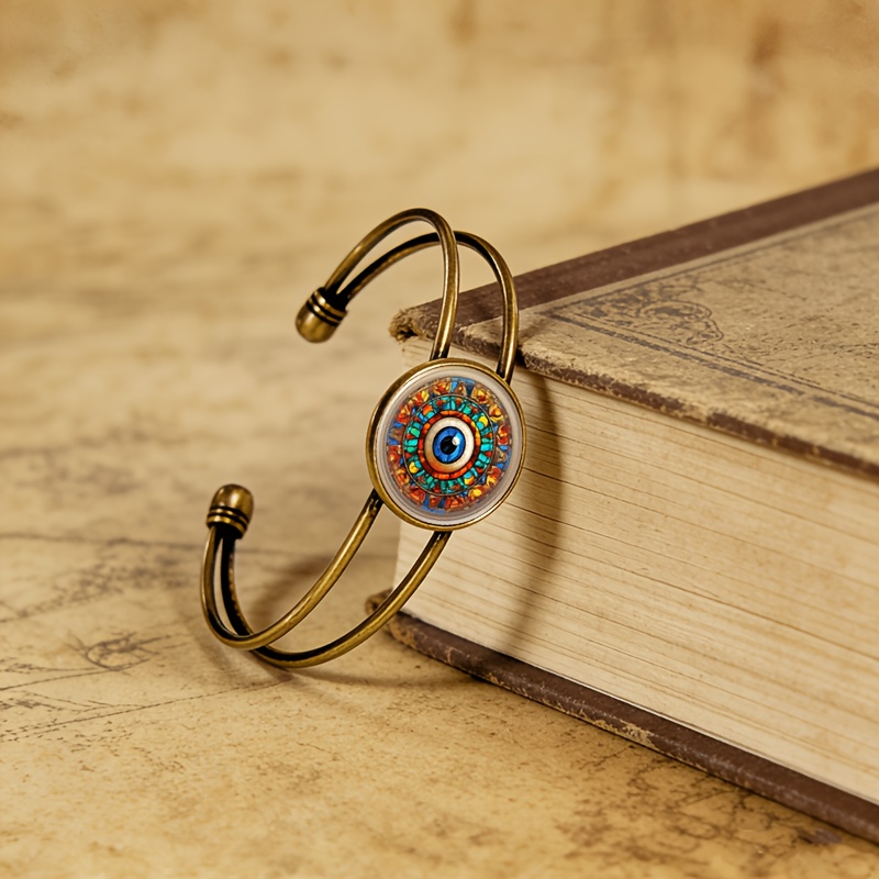 Antique Cyan Double-Layer Adjustable Bracelet with Blue Eye Design